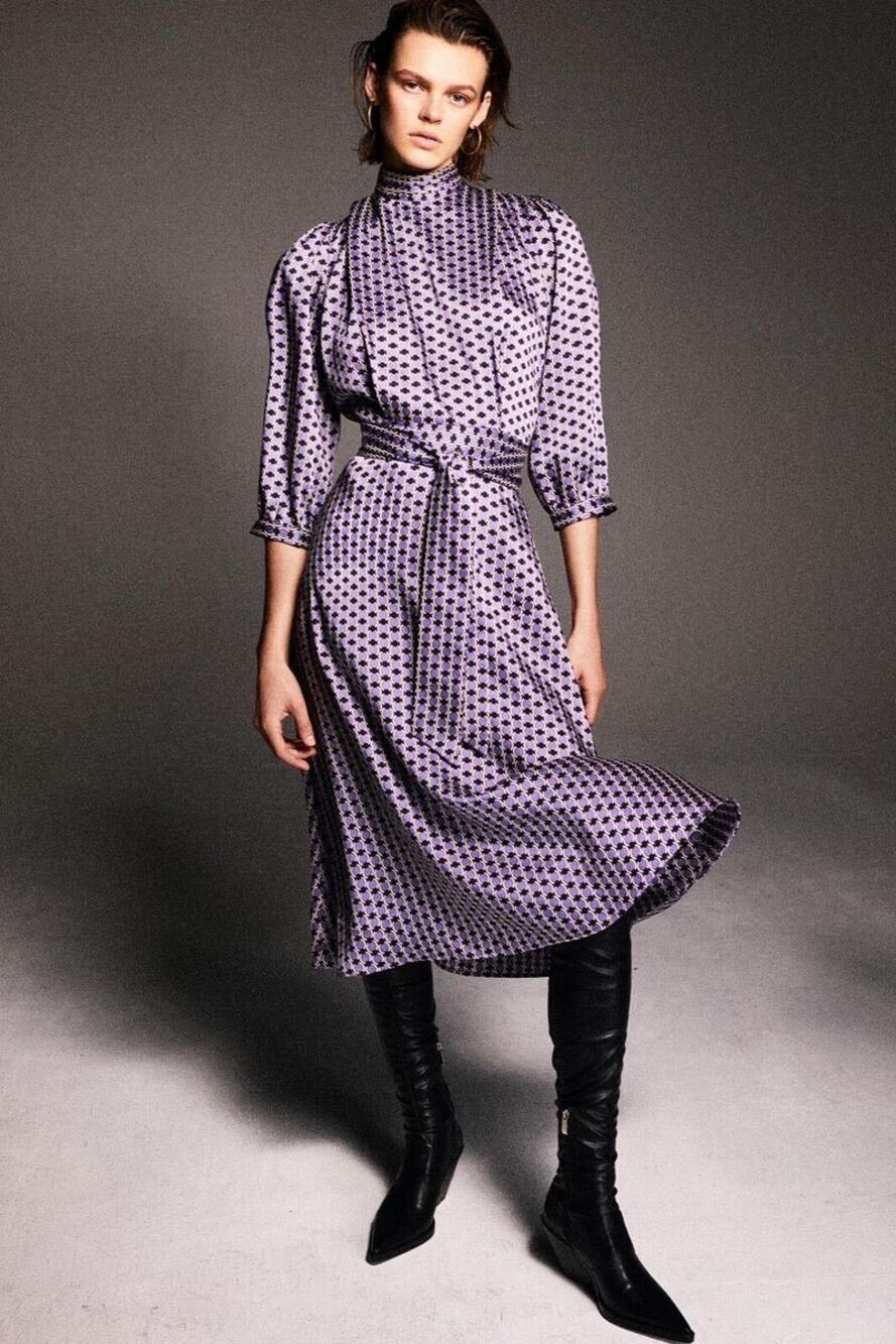 Zara Purple Circle Geometric Print Long Sleeve Belted Midi Shirt Dress Size XS